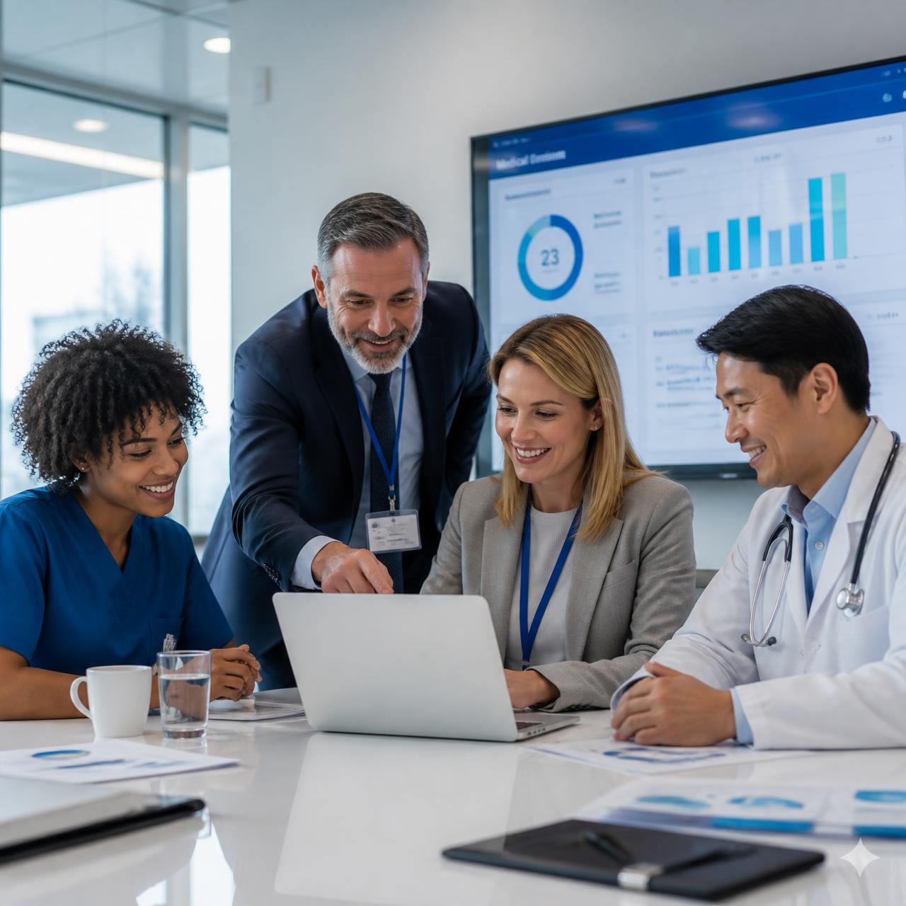Healthcare team reviewing analytics in a modern boardroom