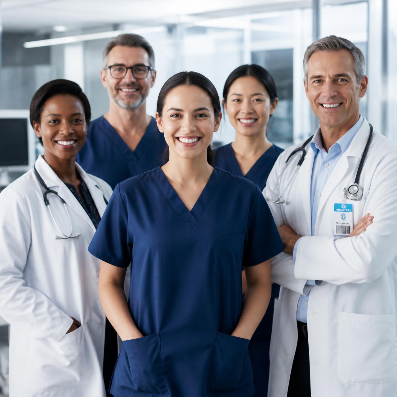 Diverse team of healthcare professionals collaborating in a modern clinic