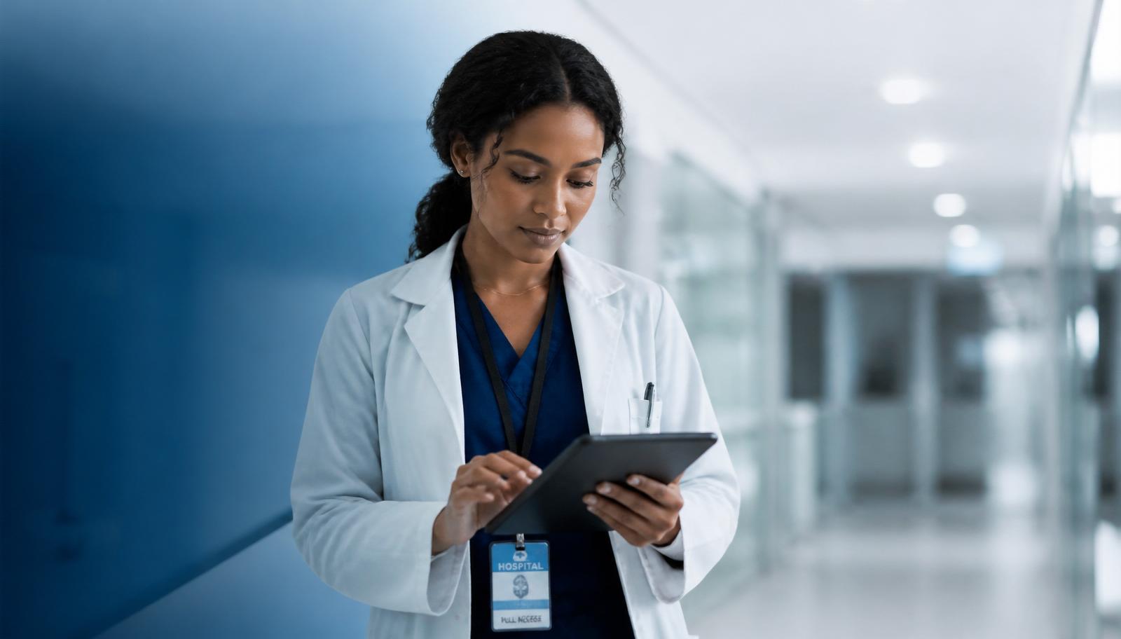 Healthcare professional reviewing patient data on a tablet in a modern clinic
